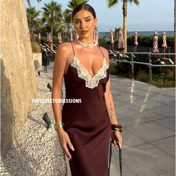 ZARA Blogger Favorite Satin-Effect Lace Maxi Dress NWT – Burgundy, Size M & L - Picture 5 of 16